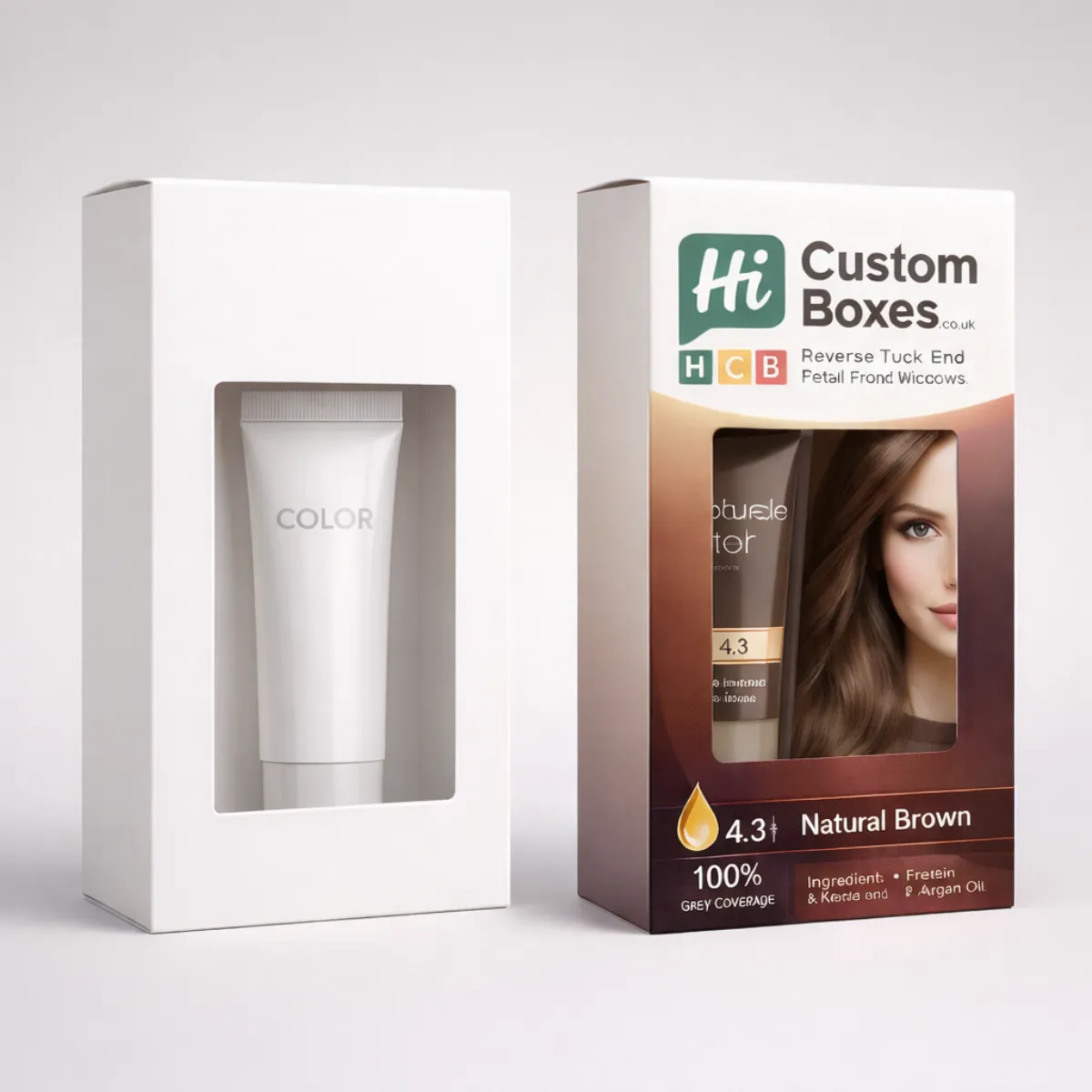 Two retail boxes featuring a rectangular die-cut window to show the internal hair colour tube. class=